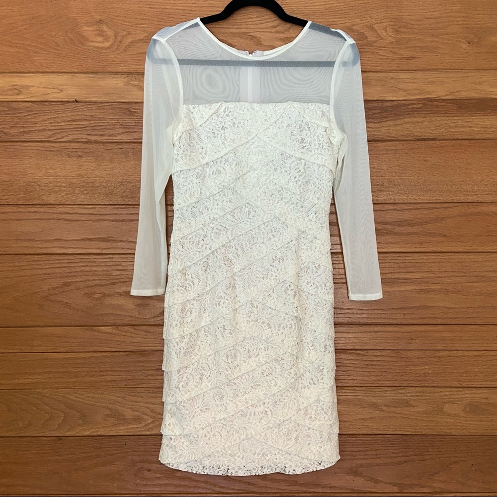 Adrianna Papell white lace long sleeve mesh top dress